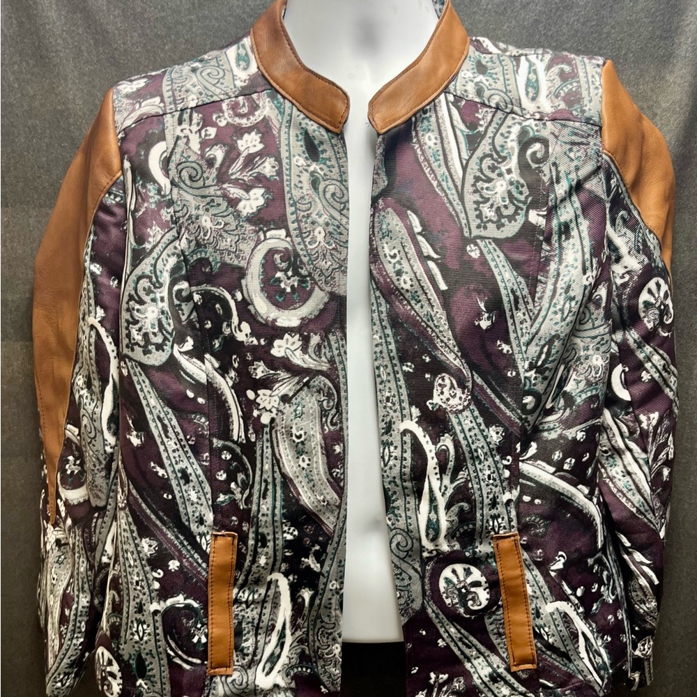 Vintage Purple Paisley Patterned Blazer with Brown Leather Accents